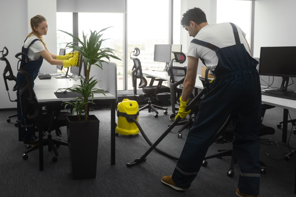 Two professional cleaners sanitizing and cleaning an office workspace